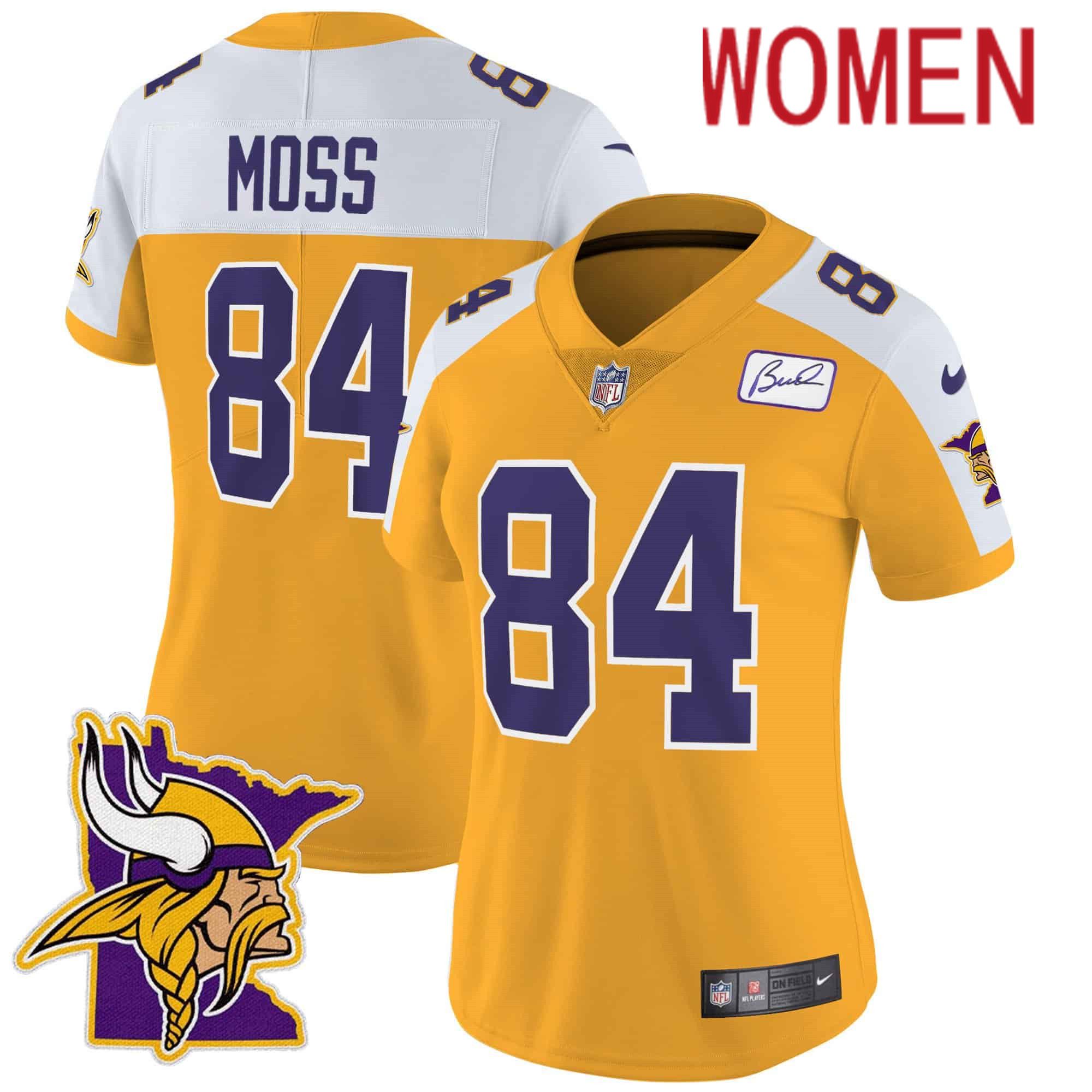 Women Minnesota Vikings #84 Moss Yellow 2024 Nike Patch Classic Limited NFL Jersey->women nfl jersey->Women Jersey